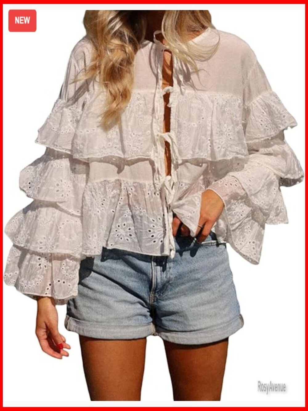 Chiffon Blouse Top Ruffle Trim Tie Front Long Sleeve Flowy Cardigan